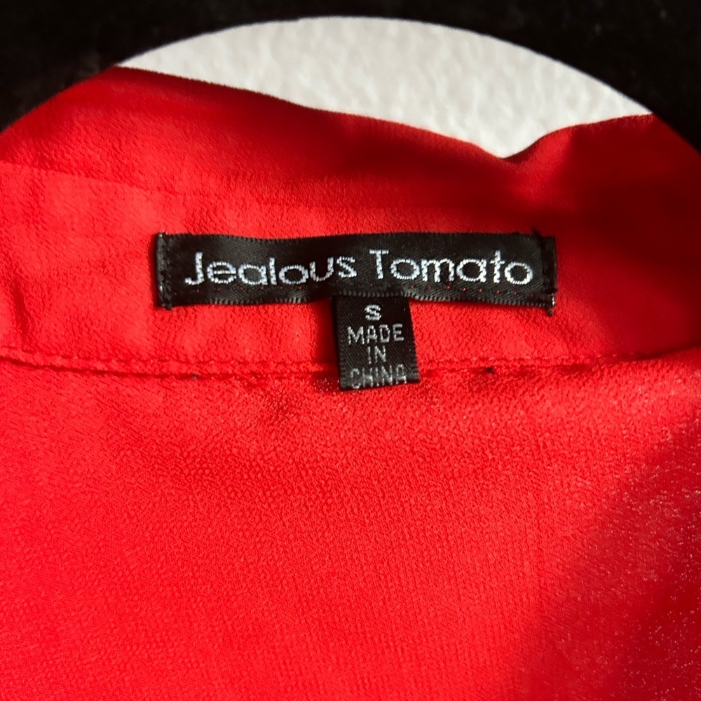 Jealous tomato Sheer Colorblock Button-Up Blouse Red Blue Gray Retro Office Top - Picture 13 of 15